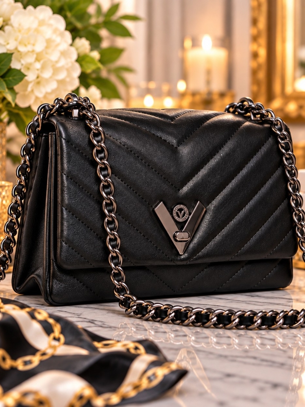 H-118 Valentino Orlandi Black Vegan Leather Quilted Chain Shoulder Bag NWT